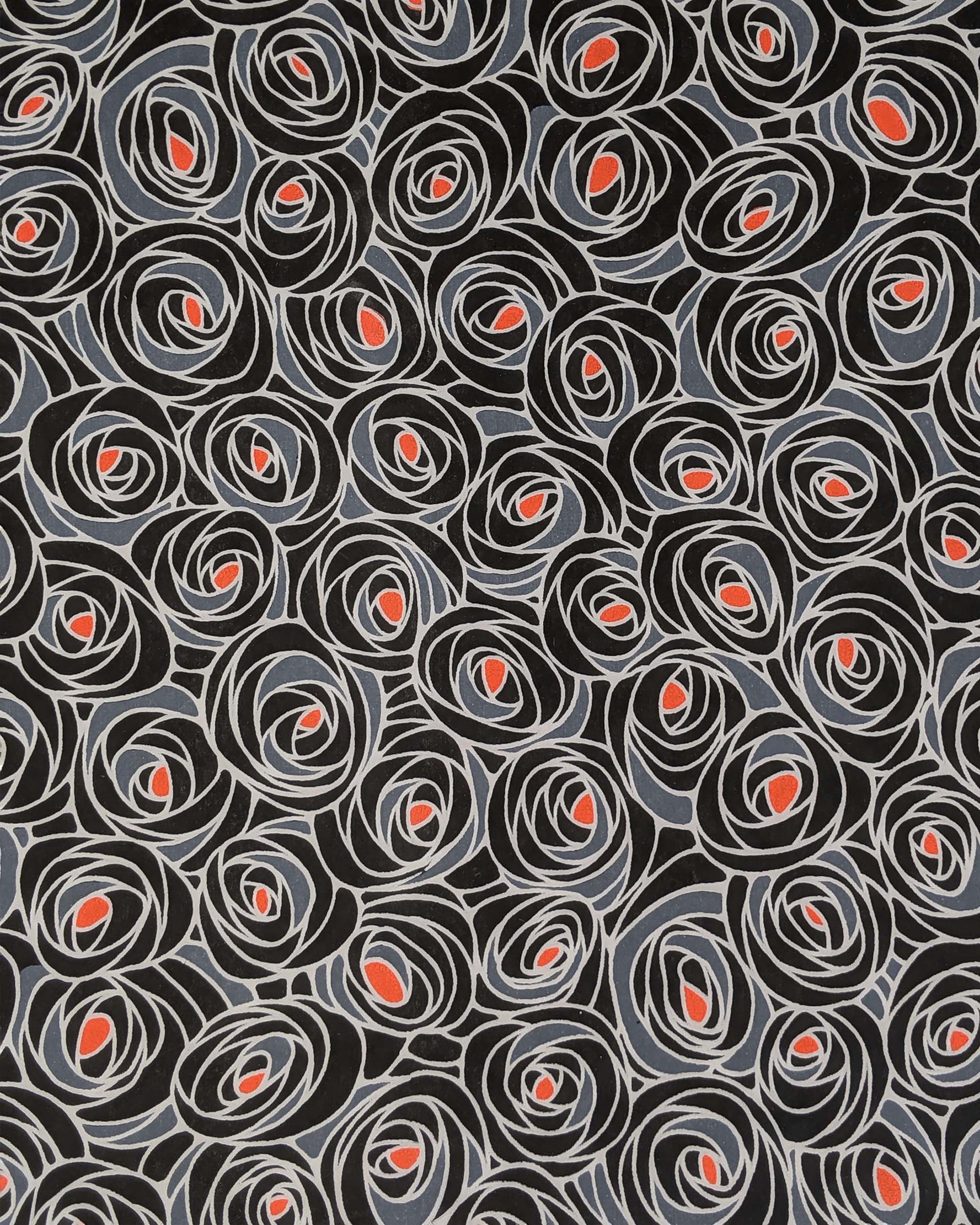 Japanese chiyogami paper featuring black and gray roses with a red center.