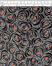 Japanese chiyogami paper featuring black and gray roses with a red center.