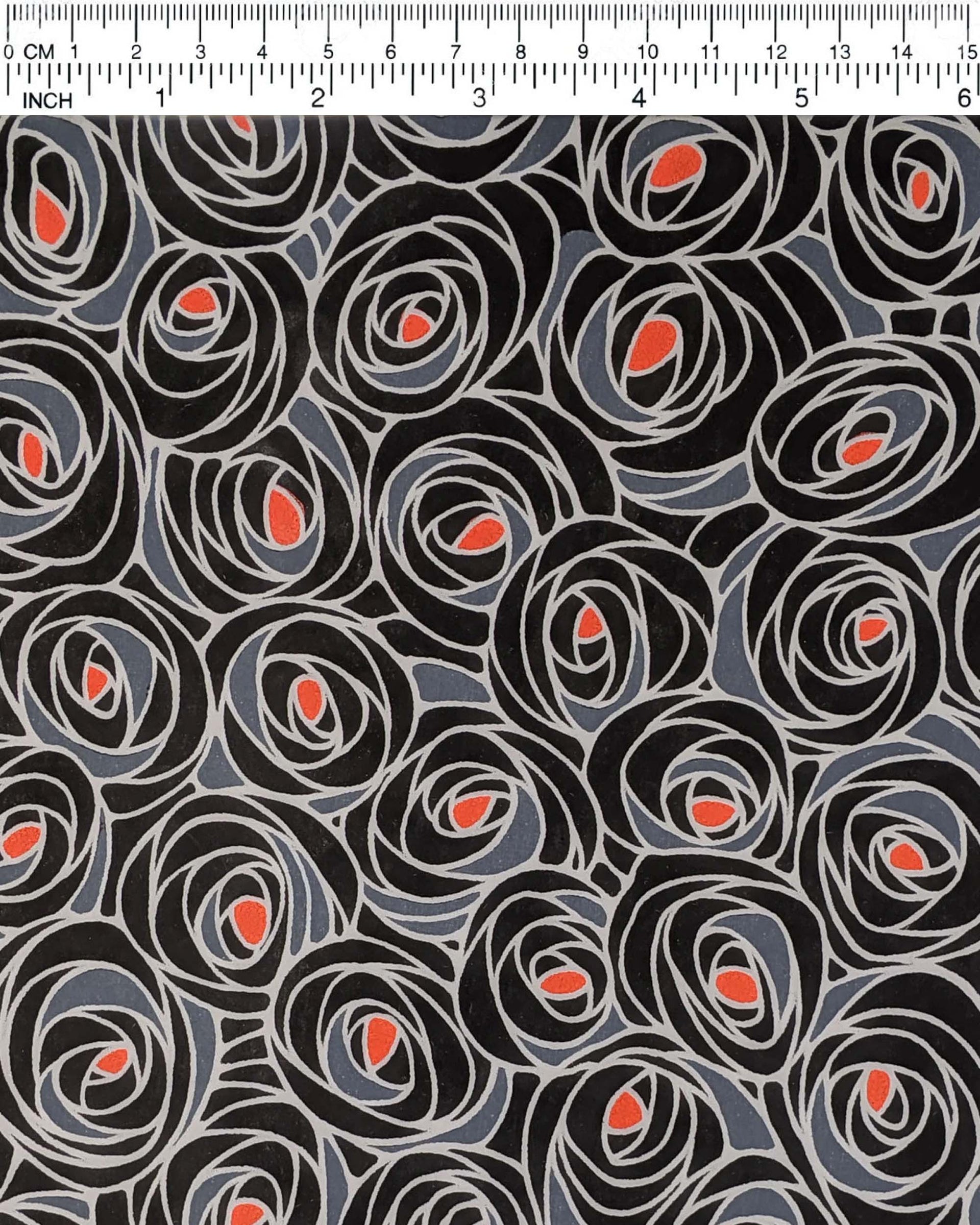 Japanese chiyogami paper featuring black and gray roses with a red center.