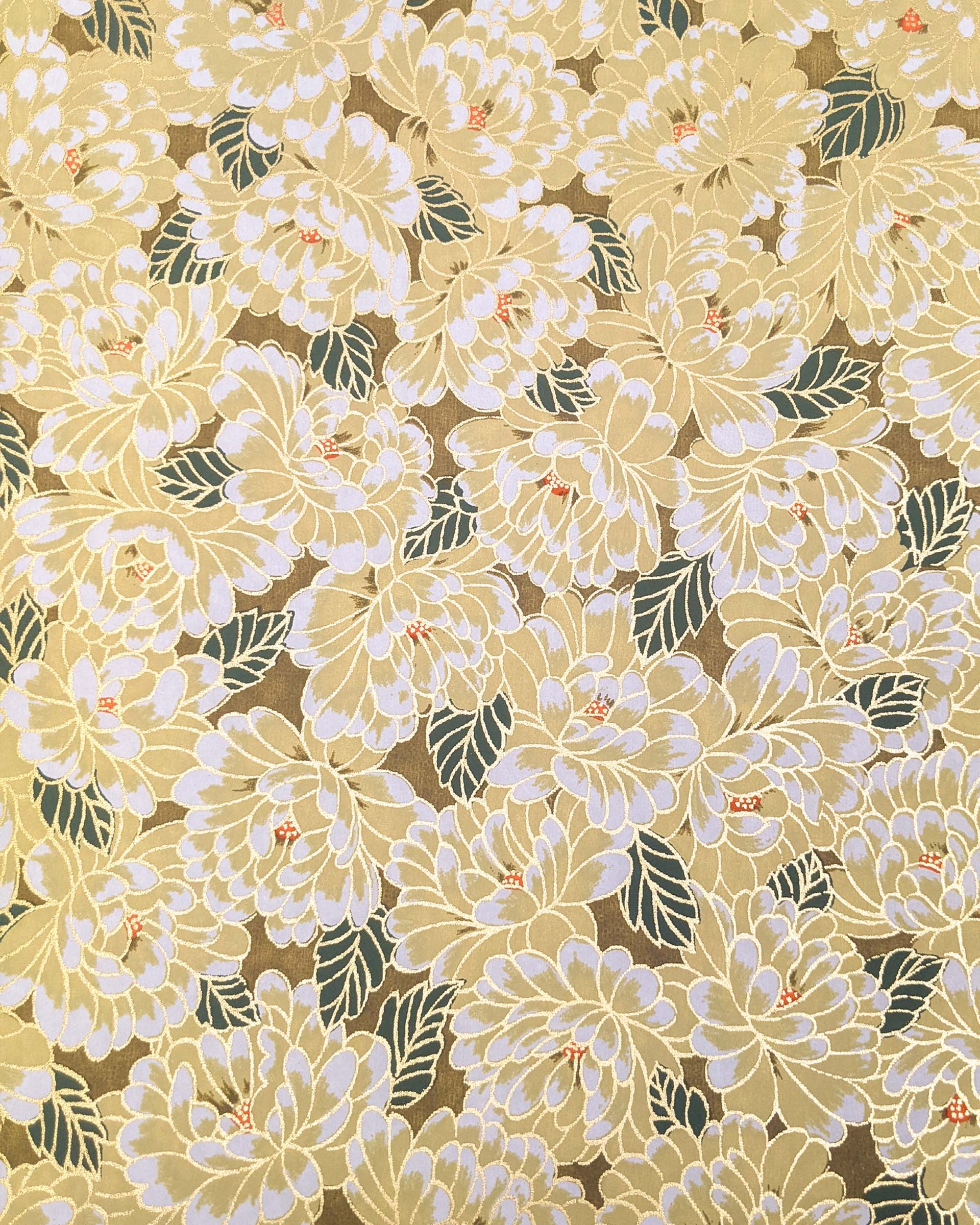 Japanese chiyogami paper featuring large yellow chrysanthemums with green leaves on a brown background with metallic gold details.