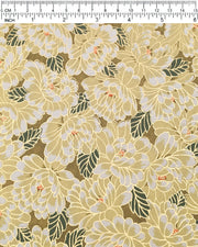 Japanese chiyogami paper featuring large yellow chrysanthemums with green leaves on a brown background with metallic gold details.