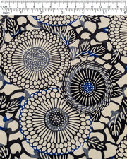 Japanese chiyogami paper featuring large black and gray zinnia flowers with small blue details on a cream background.