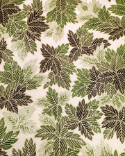 Japanese chiyogami paper featuring large green leaves on a cream background with metallic gold details.