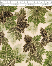 Japanese chiyogami paper featuring large green leaves on a cream background with metallic gold details.