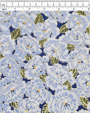 Japanese chiyogami paper featuring large light blue chrysanthemums with green leaves on a dark blue background with metallic gold details.