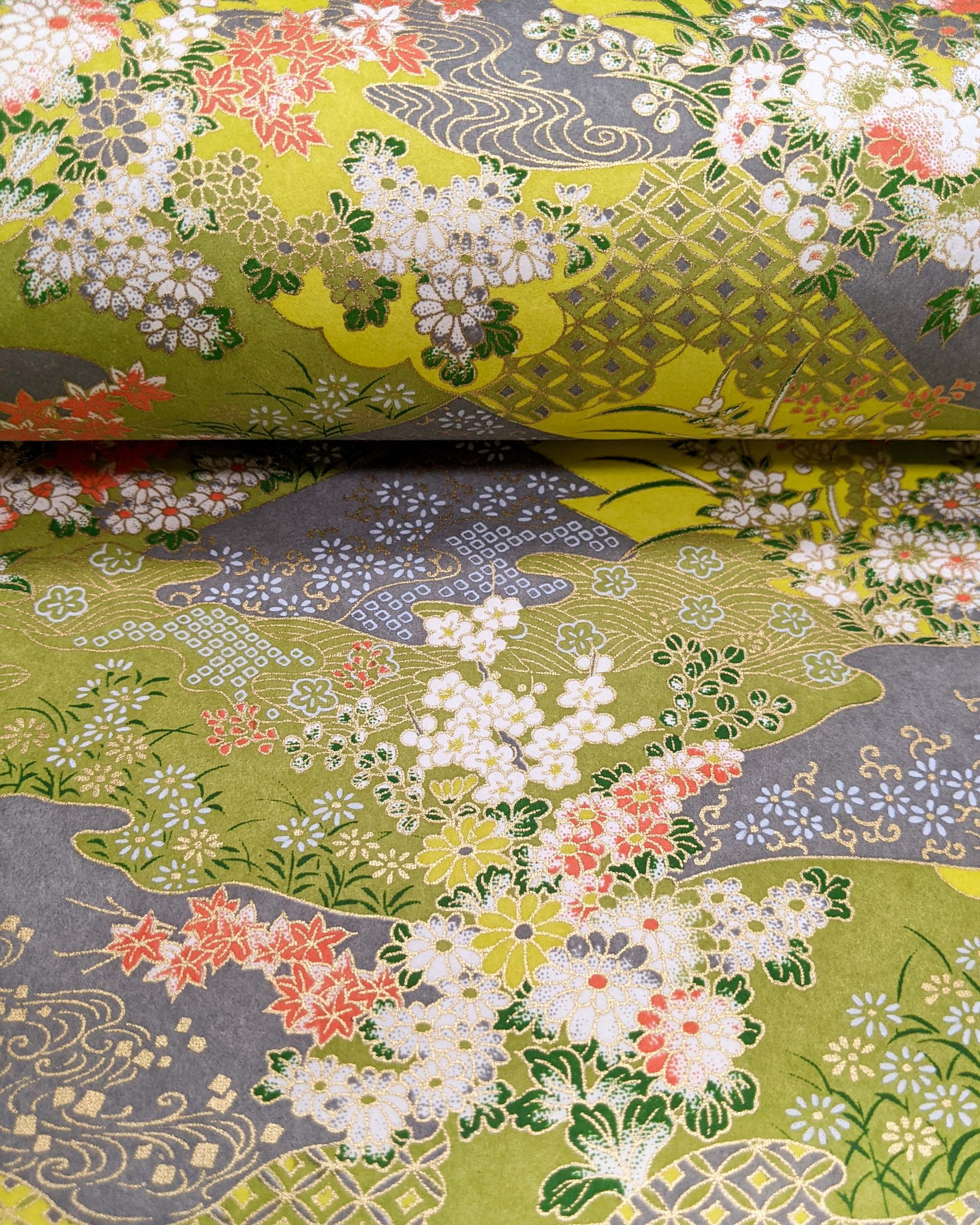 Japanese chiyogami paper featuring small white, green, and orange flowers on a gray and green background embedded with various traditional Japanese motifs with metallic gold details.