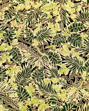 Japanese chiyogami paper featuring green and brown frond leaves on a black background with metallic gold details.
