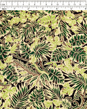 Japanese chiyogami paper featuring green and brown frond leaves on a black background with metallic gold details.