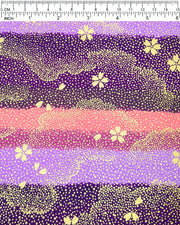 Japanese chiyogami paper featuring gold cherry blossoms on a purple and pink striped background with metallic gold details.