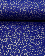 Japanese chiyogami paper featuring a metallic gold traditional karakusa design on a dark blue background.