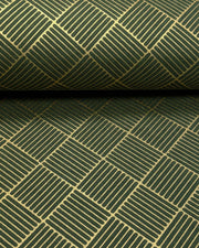 Japanese chiyogami paper featuring a metallic gold traditional san kuzushi (crosshatch) design on a dark green background.