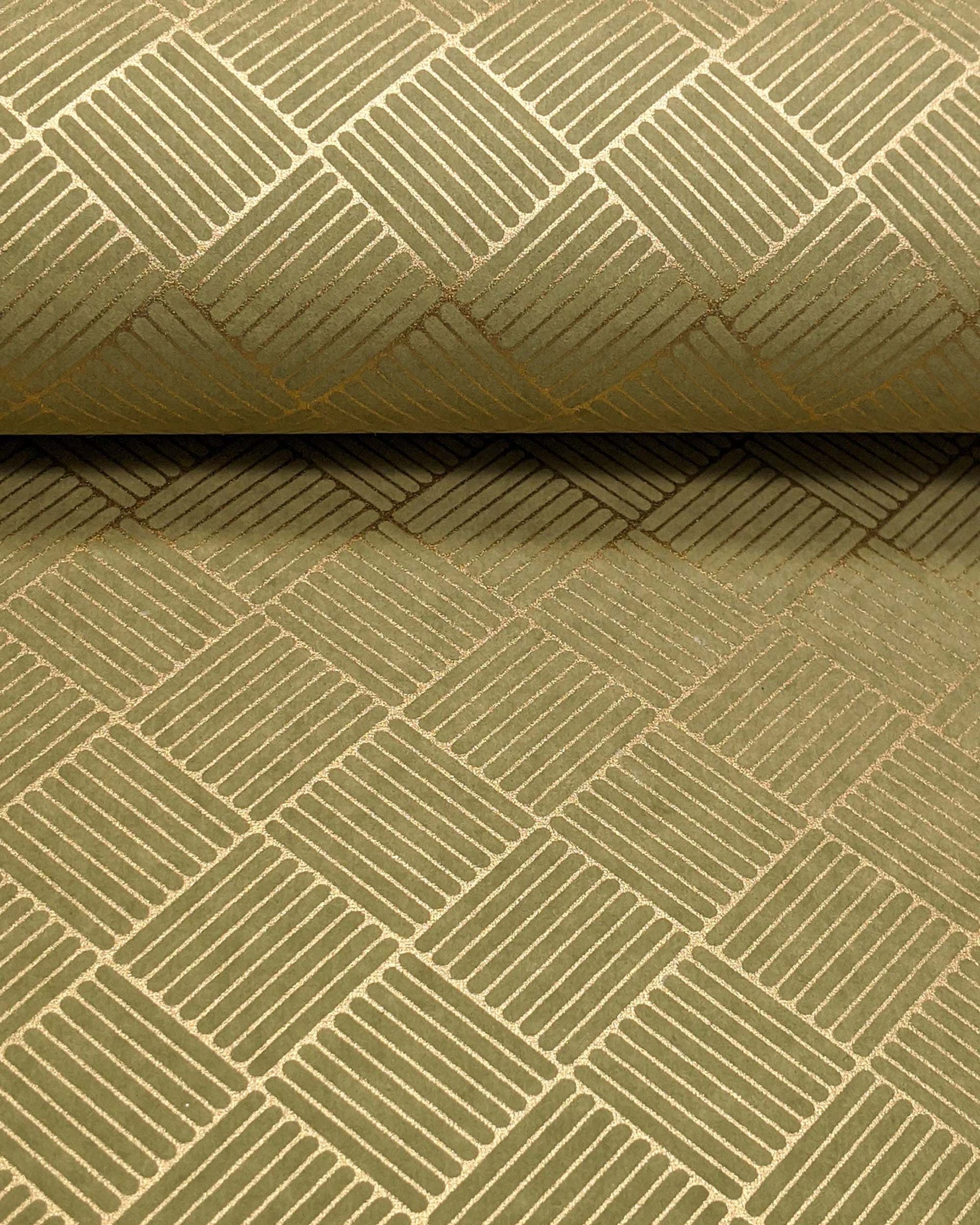 Japanese chiyogami paper featuring a metallic gold traditional san kuzushi (crosshatch) design on a light green background.