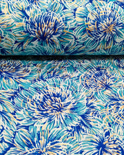 Japanese chiyogami paper featuring large blue chrysanthemums on a dark blue background with metallic gold details.