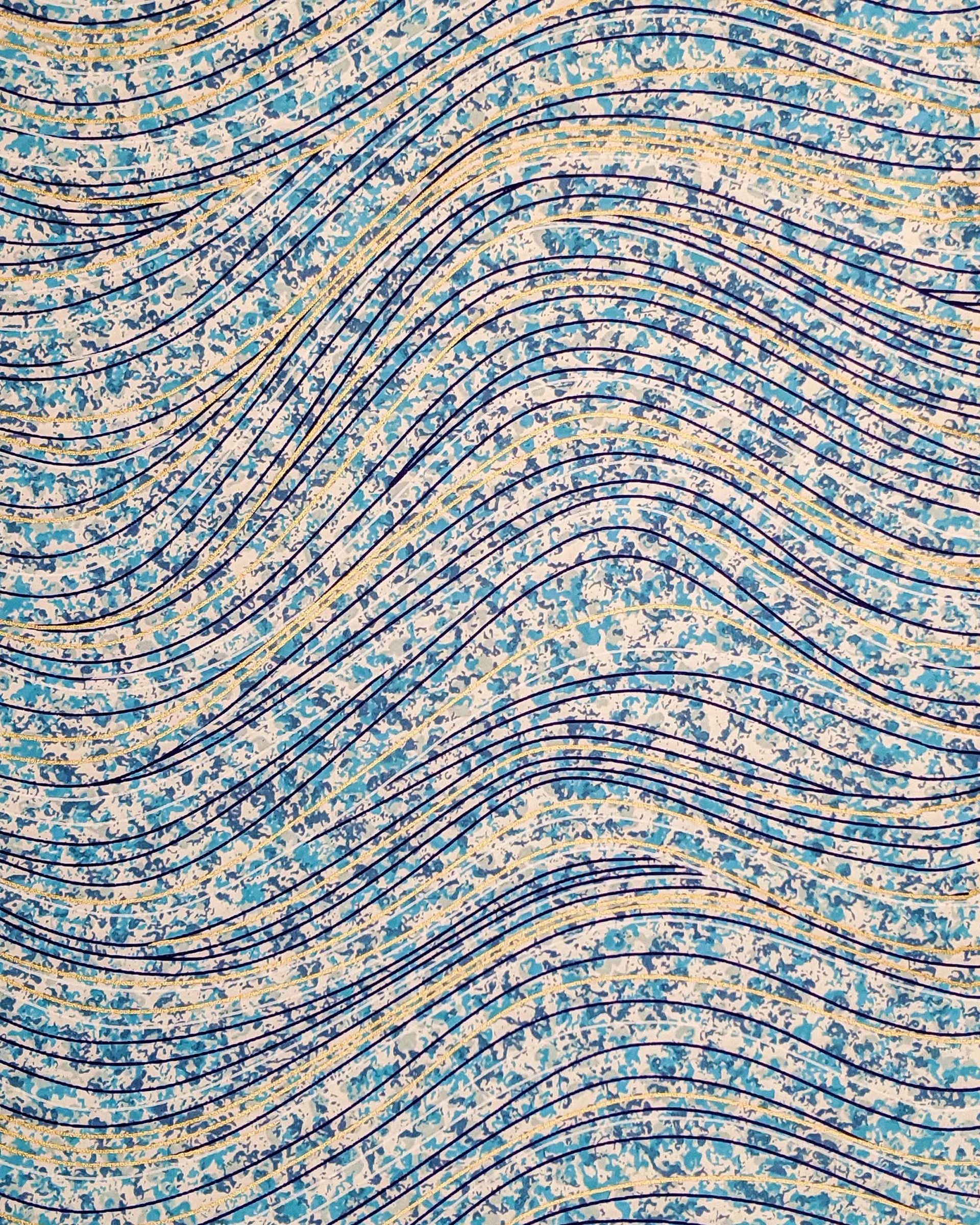 Japanese chiyogami paper featuring metallic gold and dark blue swirls on a light blue and white speckled background.