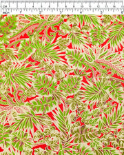 Japanese chiyogami paper featuring green and pink frond leaves on a red background with metallic gold details.