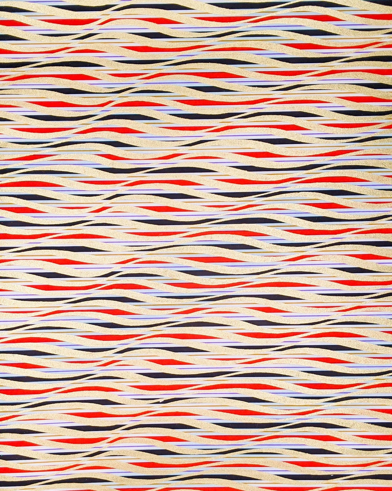 Japanese chiyogami paper featuring metallic gold swirls o a red, white, and black striped background.