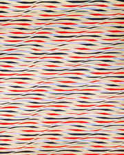 Japanese chiyogami paper featuring metallic gold swirls o a red, white, and black striped background.