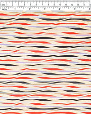 Japanese chiyogami paper featuring metallic gold swirls o a red, white, and black striped background.