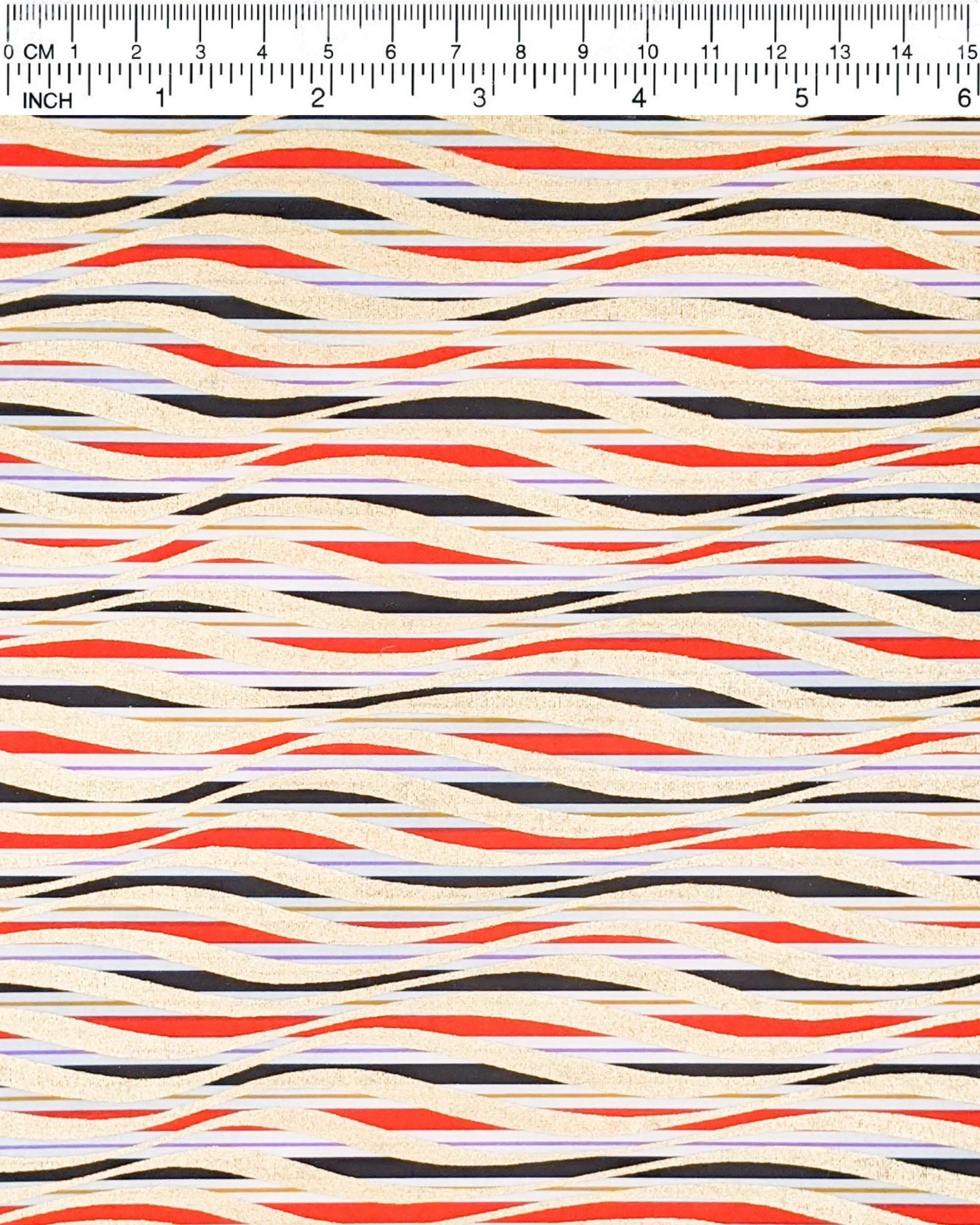 Japanese chiyogami paper featuring metallic gold swirls o a red, white, and black striped background.