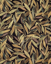 Japanese chiyogami paper featuring thin brown and green leaves on a black background with metallic gold details.