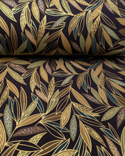 Japanese chiyogami paper featuring thin brown and green leaves on a black background with metallic gold details.