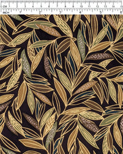 Japanese chiyogami paper featuring thin brown and green leaves on a black background with metallic gold details.