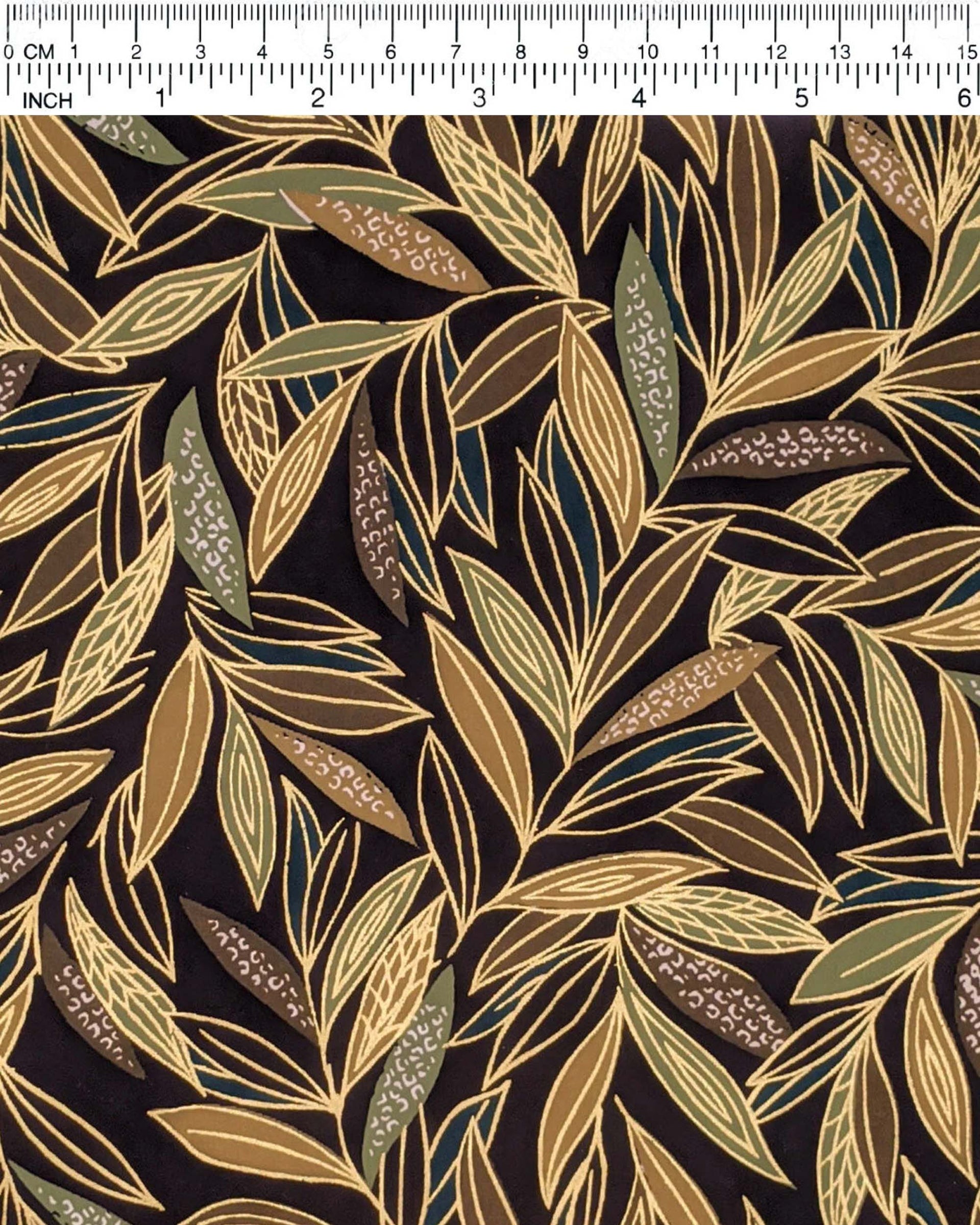 Japanese chiyogami paper featuring thin brown and green leaves on a black background with metallic gold details.