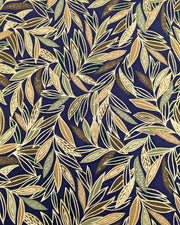 Japanese chiyogami paper featuring thin brown and green leaves on a dark blue (almost black) background with metallic gold details.