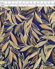 Japanese chiyogami paper featuring thin brown and green leaves on a dark blue (almost black) background with metallic gold details.