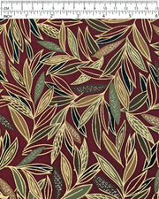 Japanese chiyogami paper featuring thin brown and green leaves on a brown background with metallic gold details.