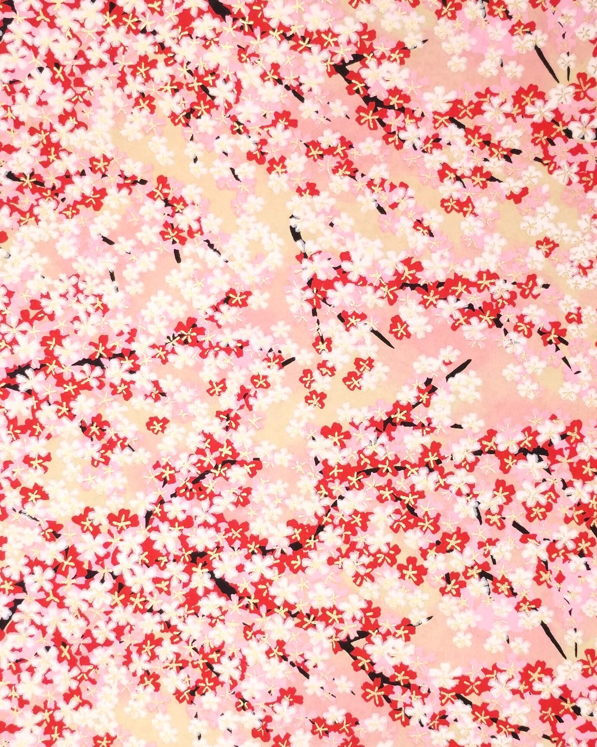 Japanese chiyogami paper featuring pink, red, and white cherry blossoms on a pink and beige background with metallic gold details.