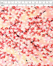 Japanese chiyogami paper featuring pink, red, and white cherry blossoms on a pink and beige background with metallic gold details.