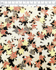 Japanese chiyogami paper featuring red, black, gold, and silver maples leaves on a black background with metallic gold details.