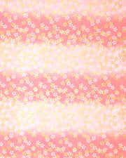 Japanese chiyogami paper featuring metallic gold and white round blossoms on a pink gradient background.