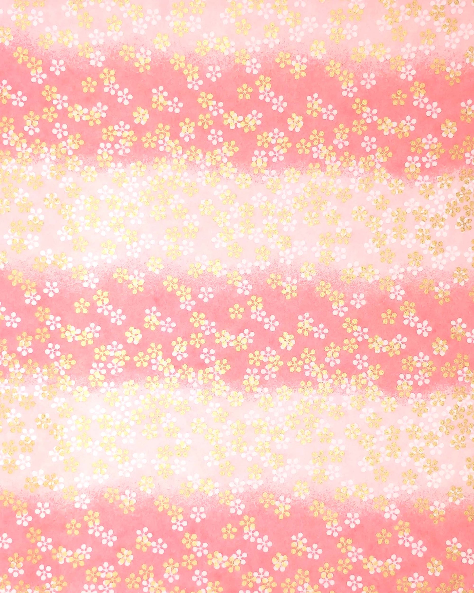 Japanese chiyogami paper featuring metallic gold and white round blossoms on a pink gradient background.