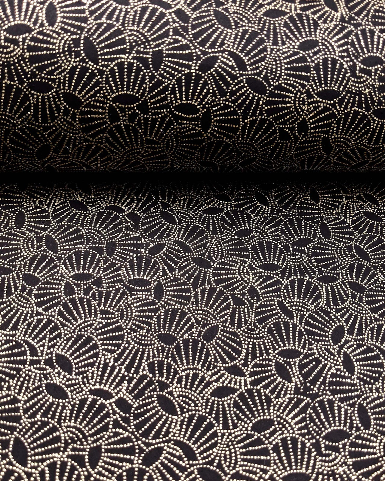 Japanese chiyogami paper featuring metallic gold dotted temari balls on a black background.