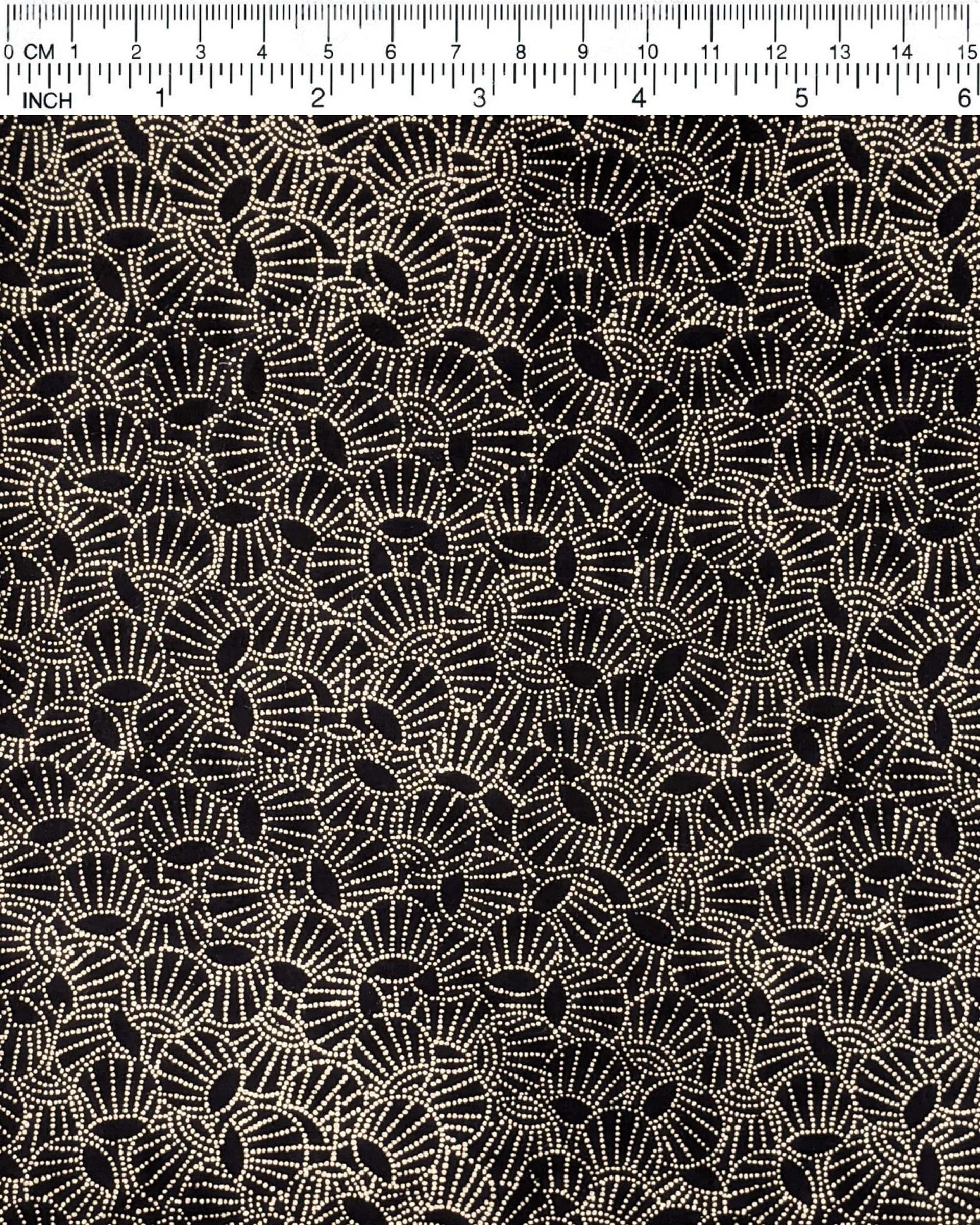 Japanese chiyogami paper featuring metallic gold dotted temari balls on a black background.