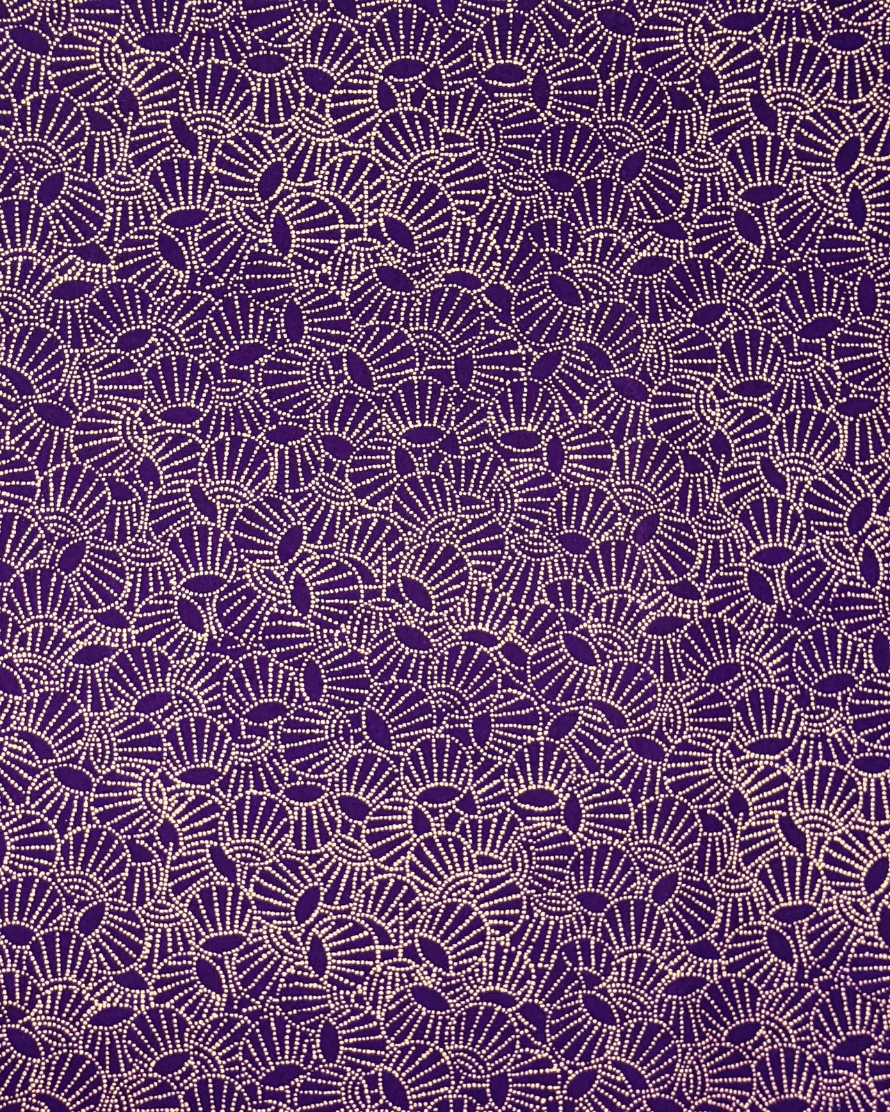 Japanese chiyogami paper featuring metallic gold dotted temari balls on a purple background.