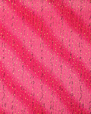 Japanese chiyogami paper featuring black Japanese calligraphy on a pink vertical swirl background with metallic gold details.
