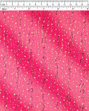 Japanese chiyogami paper featuring black Japanese calligraphy on a pink vertical swirl background with metallic gold details.