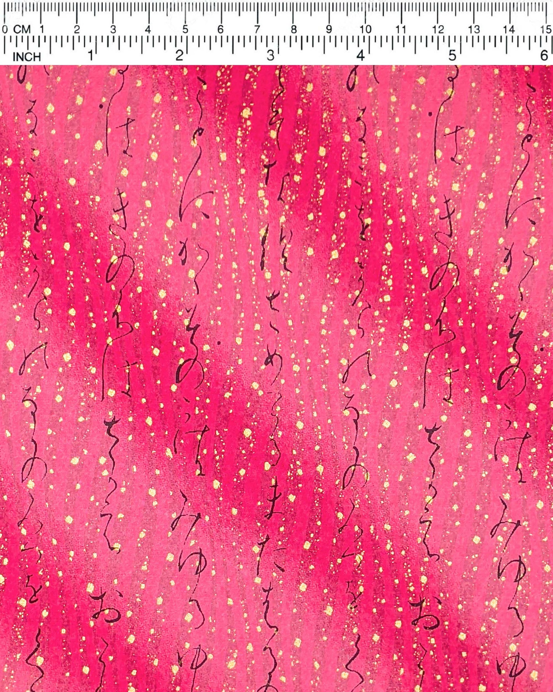 Japanese chiyogami paper featuring black Japanese calligraphy on a pink vertical swirl background with metallic gold details.