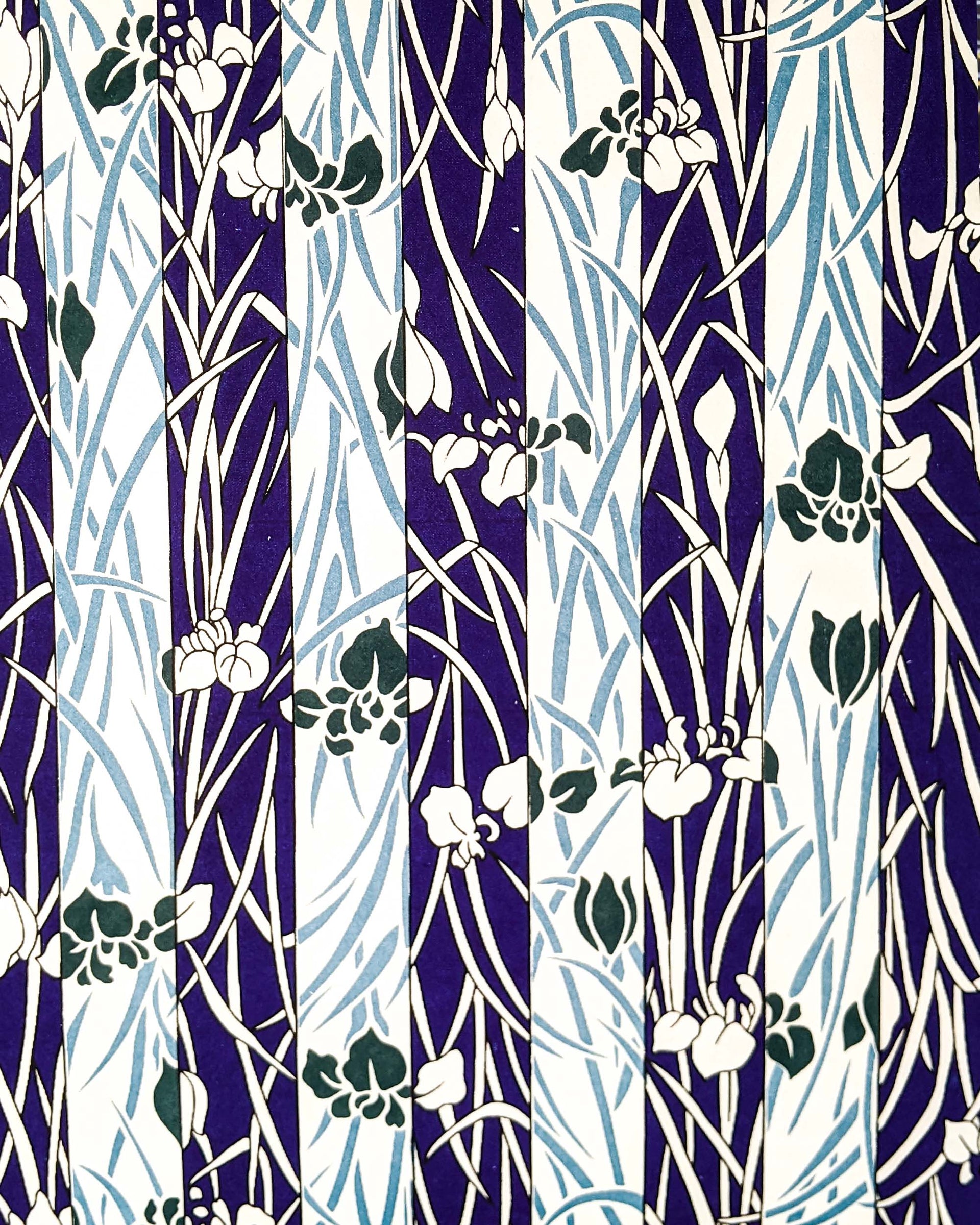 Japanese chiyogami paper featuring alternating columns of dark blue and white flowers.