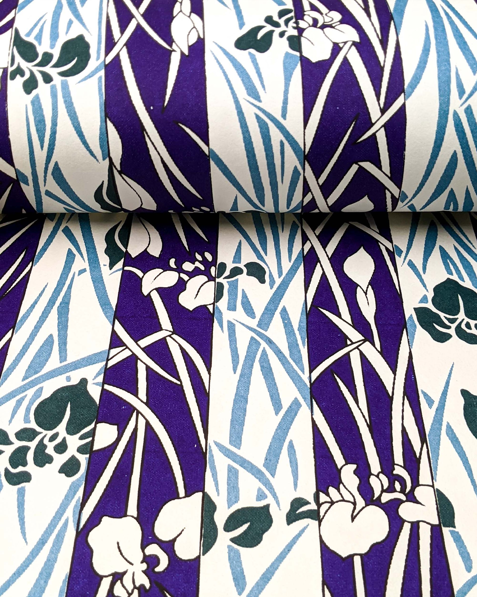Japanese chiyogami paper featuring alternating columns of dark blue and white flowers.
