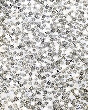 Japanese chiyogami paper featuring small gray and white momiji (maple leaves) on a light gray background with metallic gold details.