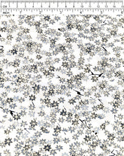 Japanese chiyogami paper featuring small gray and white momiji (maple leaves) on a light gray background with metallic gold details.