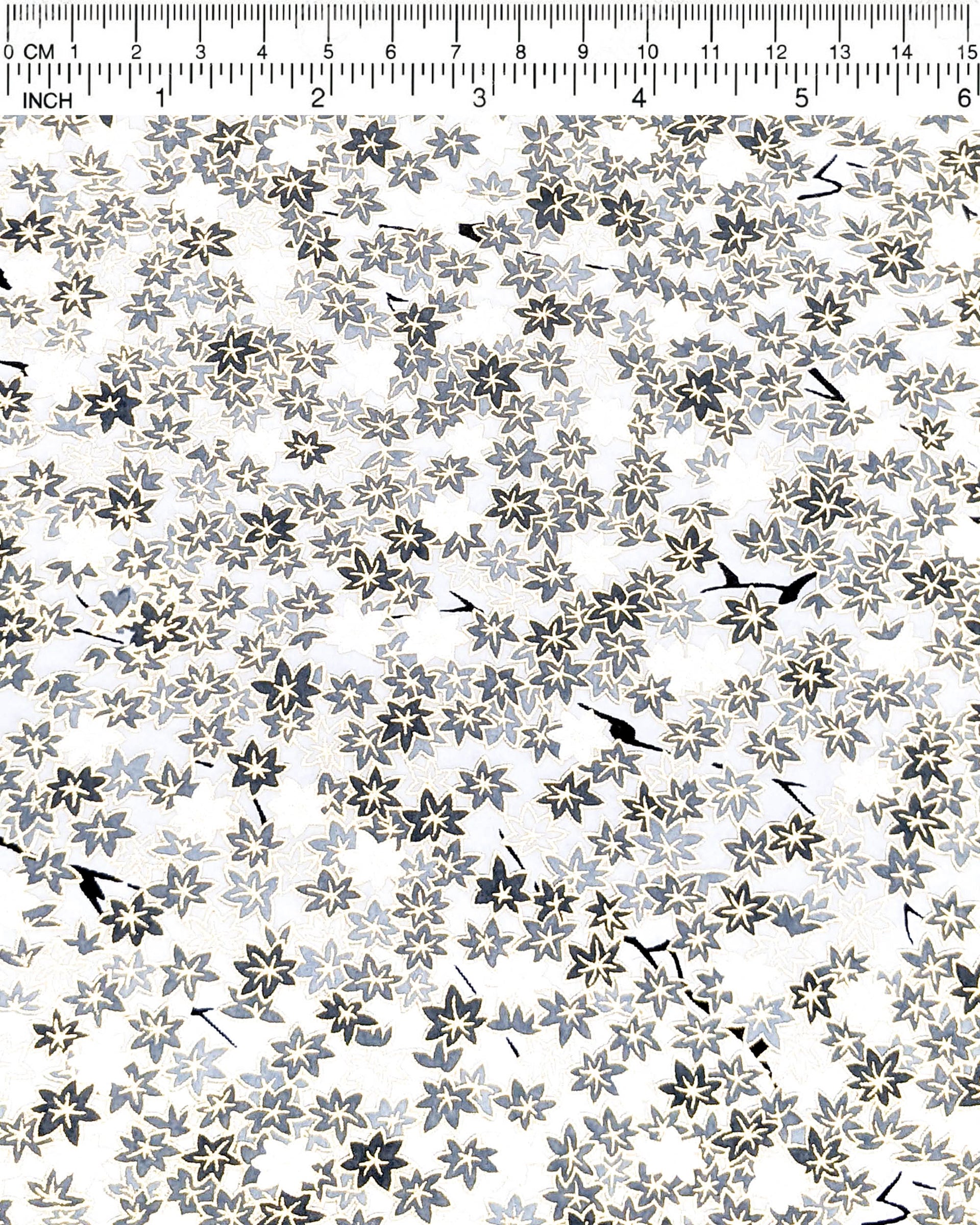 Japanese chiyogami paper featuring small gray and white momiji (maple leaves) on a light gray background with metallic gold details.