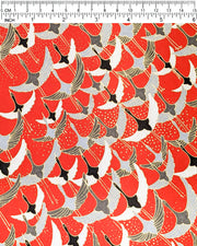 Japanese chiyogami paper featuring gray, black, and white flying cranes on a red background with metallic gold details. 