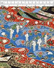 Japanese chiyogami paper featuring red, white, blue, and green ribbons decorated with traditional Japanese motifs on a black, blue, and red background with metallic gold details. The design includes scattered red and green cherry blossoms, green and black pines, red and black maples leaves, and white wisterias.