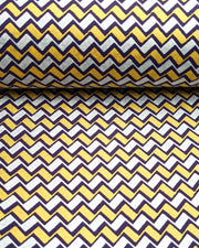 Japanese chiyogami paper featuring a navy blue, metallic silver, and metallic gold zigzag chevron pattern.