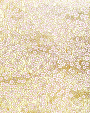 Japanese chiyogami paper featuring small white and light pink cherry blossoms on a yellow background with metallic gold details. 